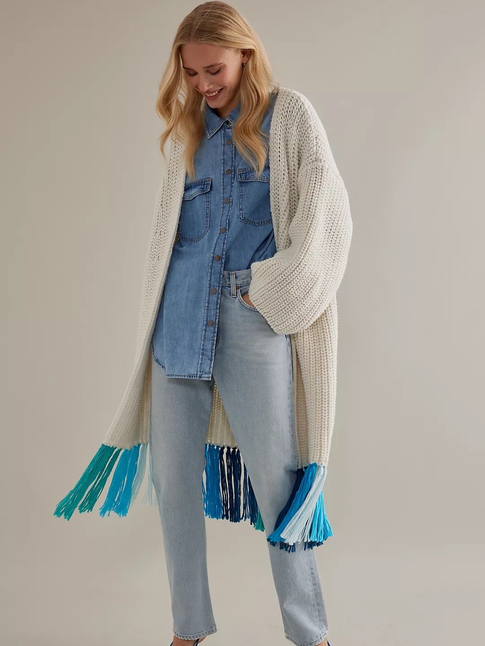 Anthropologie Cream Open-Front Knit Cardigan with Blue Fringe